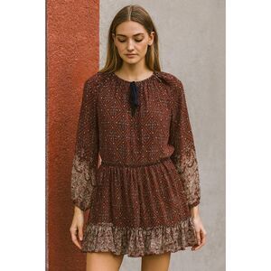 MISA Brown Geometric Long Sleeve Floral Ruffled Blouson Dress Women's Size Small